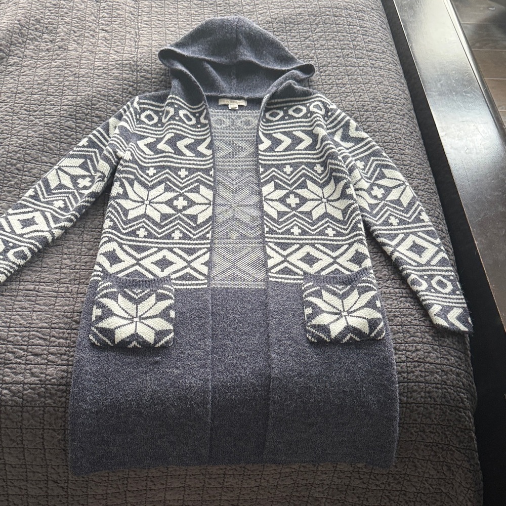 Monteau Charcoal and Cream Patterned Hooded Cardigan